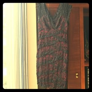 Red and black lace cocktail dress with beading